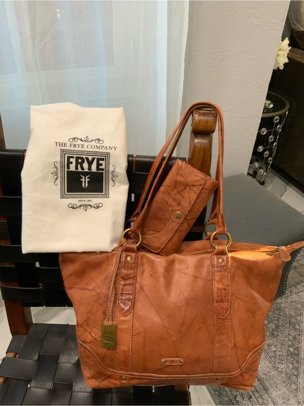 Frye Cognac Leather Laptop Tote with Matching Pouch